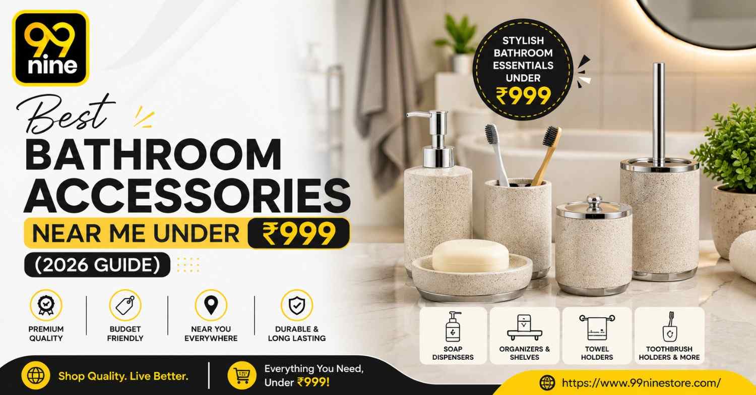 Modern bathroom accessories set including a soap dispenser, toothbrush holder, towel holder, and organizer with the text "Best Bathroom Accessories Near Me Under ₹999 (2026 Guide)" and the 99nine Store logo.