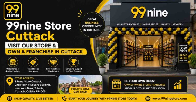 99nine Store Cuttack promotional banner featuring a modern retail store, franchise opportunity, affordable products, and the store address in Cuttack, Odisha.